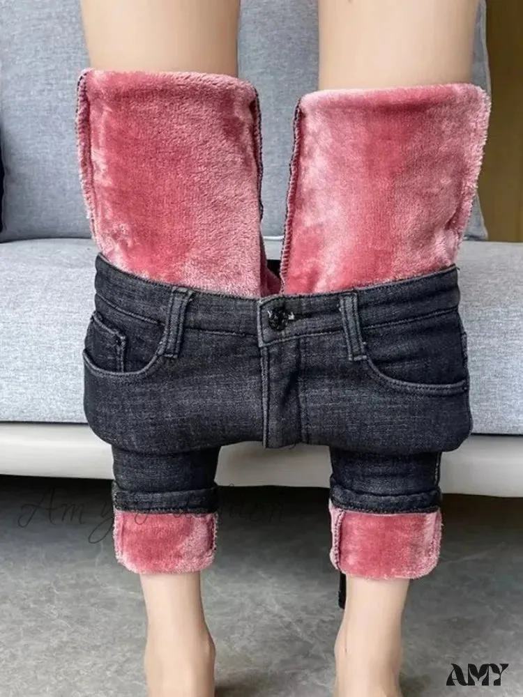 Amy Fashion - Thickened Plush Elastic Slim Pencil Winter Wool Insulation Fur Plush Jean