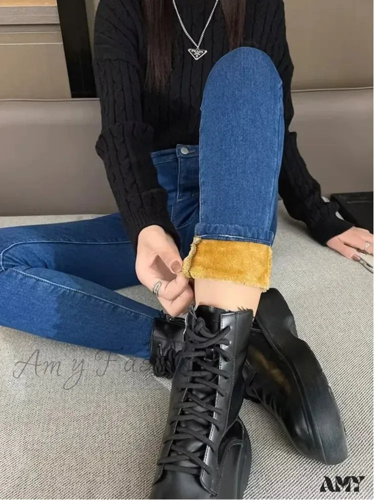Amy Fashion - Thickened Plush High Waist Elastic Slim Pencil Winter Wool Insulation Fur Plush Jean