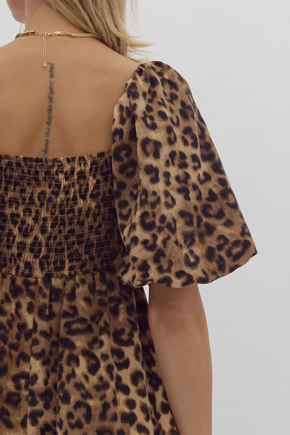 Cheetah Print Square Neck Midi Dress w/ Bubble Sleeves