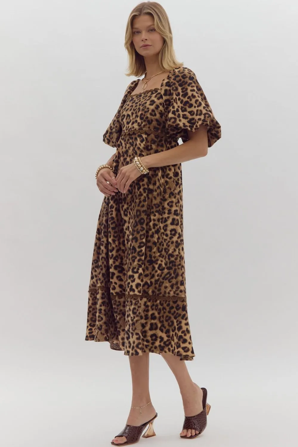 Cheetah Print Square Neck Midi Dress w/ Bubble Sleeves