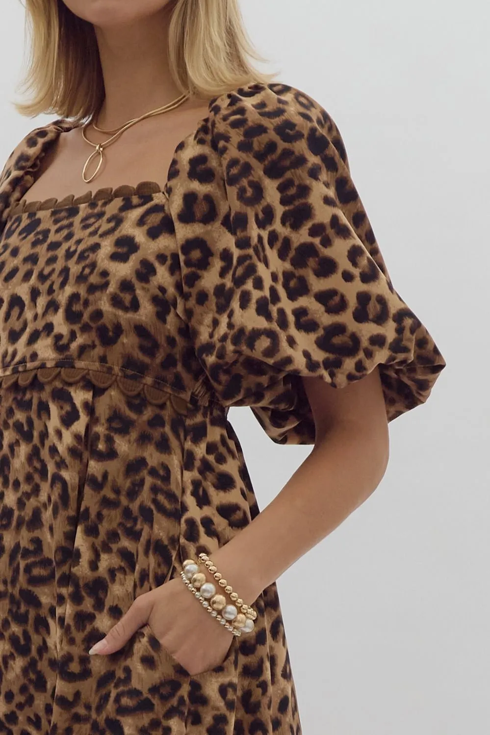 Cheetah Print Square Neck Midi Dress w/ Bubble Sleeves