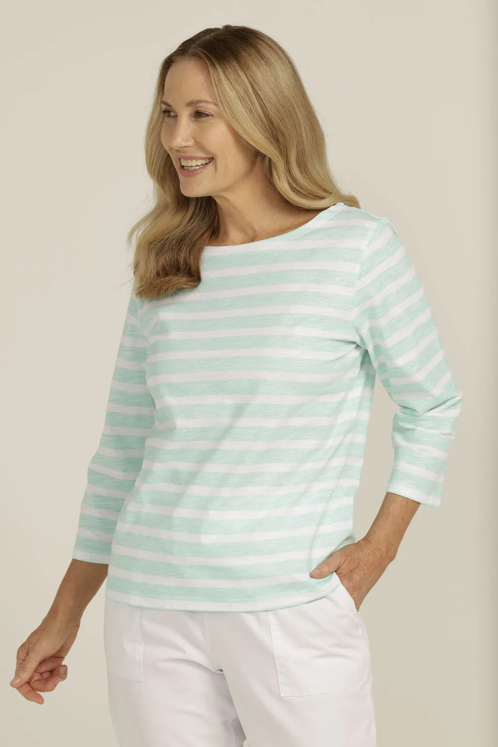 Cotton Boatneck 3/4 Sleeve Tee White/Aqua