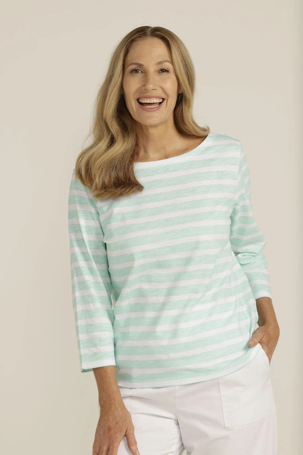 Cotton Boatneck 3/4 Sleeve Tee White/Aqua