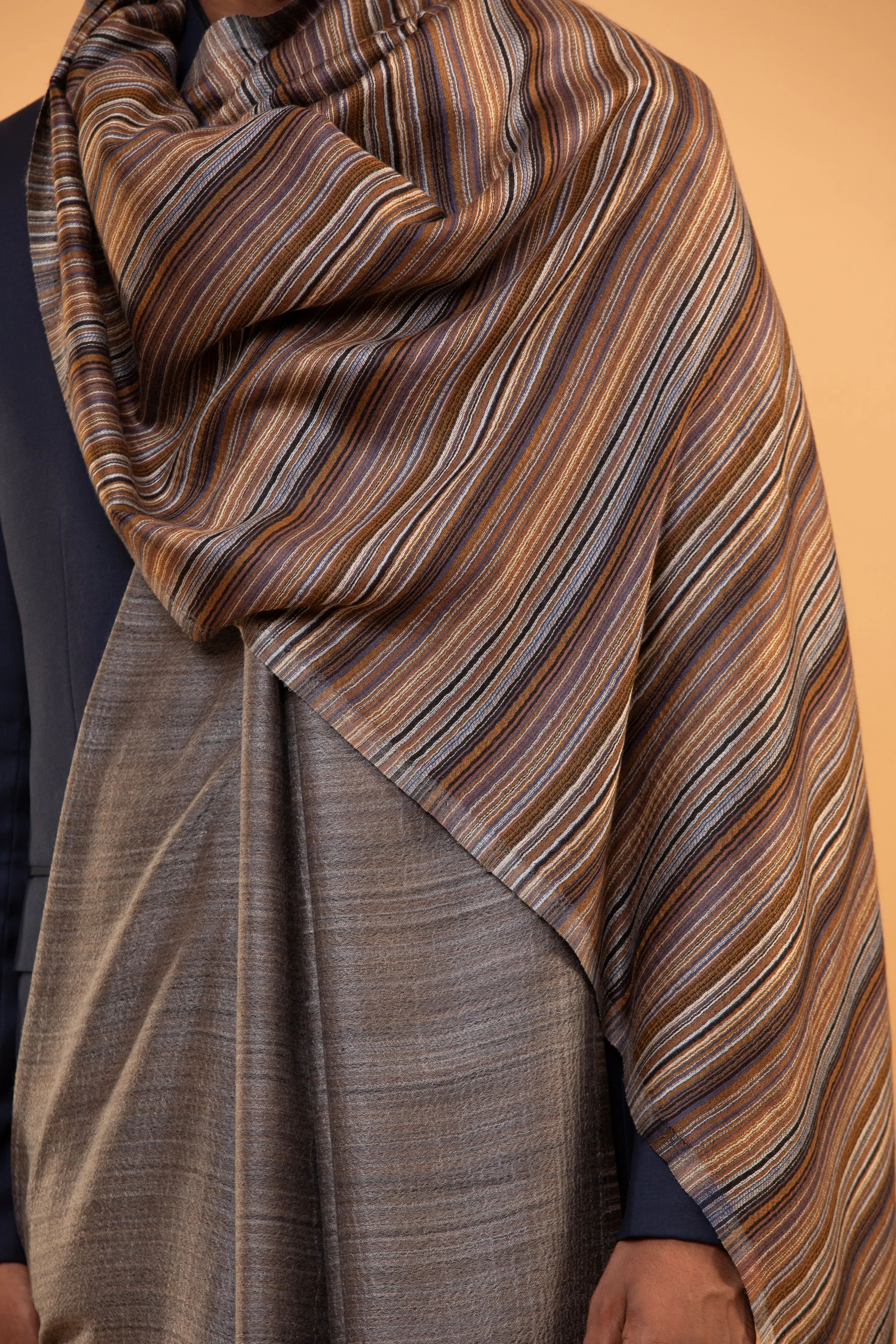 Grey Wool Blend Shawl for Men with Striped Woven Design