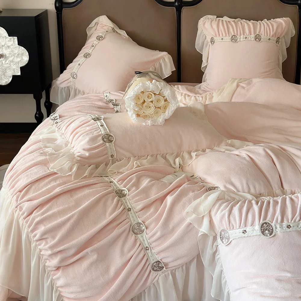 Princess Ruffled Thickened Warm Milk Velvet Lace Winter Bedding Set