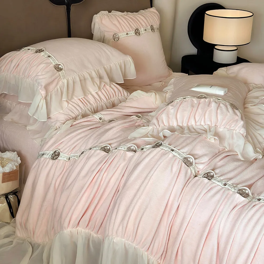 Princess Ruffled Thickened Warm Milk Velvet Lace Winter Bedding Set