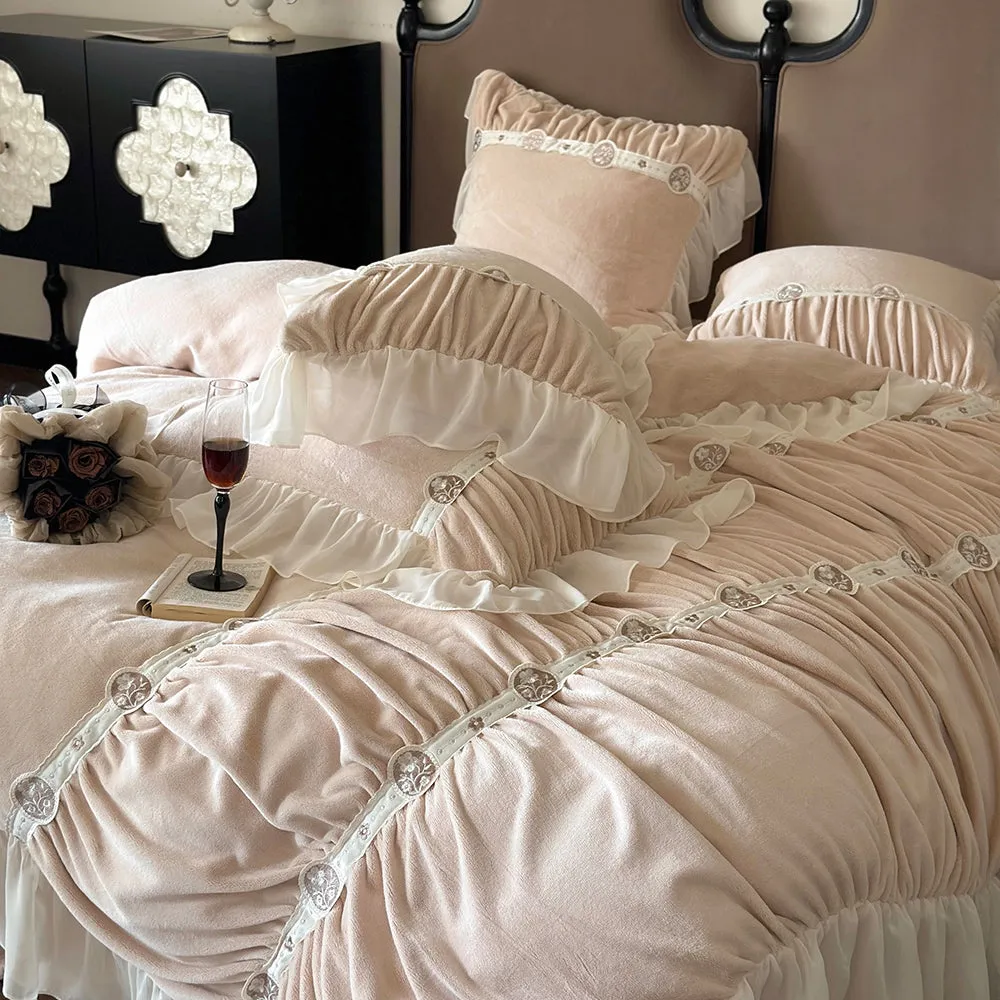 Princess Ruffled Thickened Warm Milk Velvet Lace Winter Bedding Set