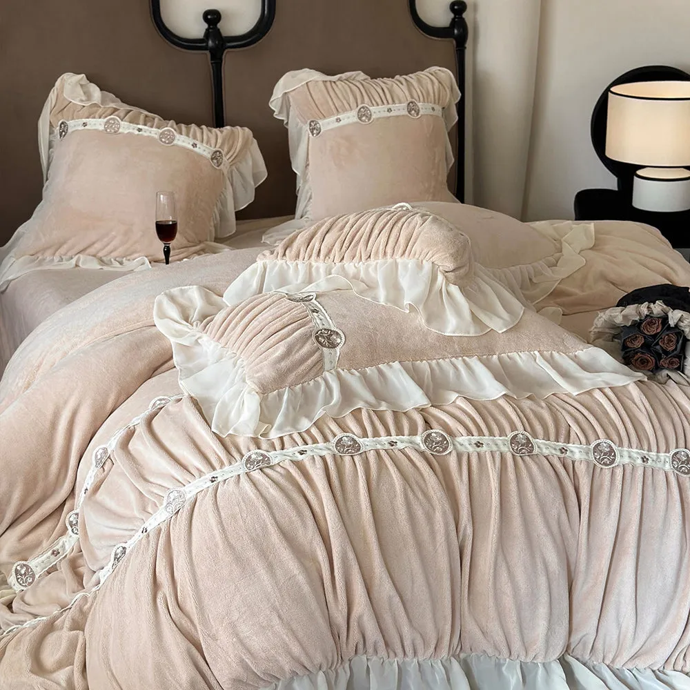 Princess Ruffled Thickened Warm Milk Velvet Lace Winter Bedding Set