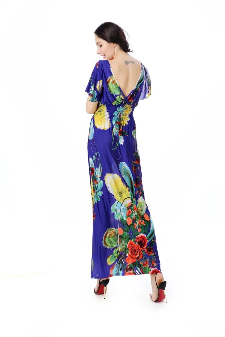 Printed V Neck Short Sleeve Summer Bohemia Maxi Dress