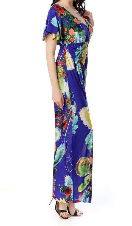 Printed V Neck Short Sleeve Summer Bohemia Maxi Dress