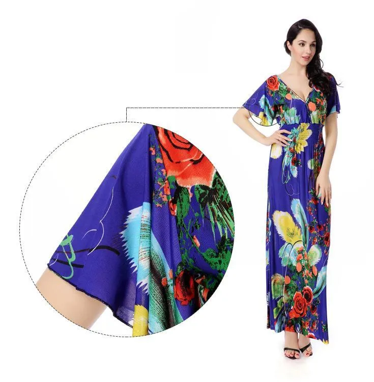 Printed V Neck Short Sleeve Summer Bohemia Maxi Dress