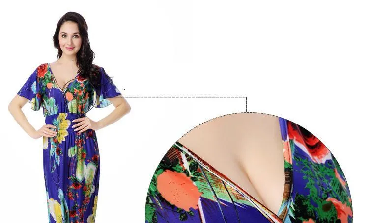 Printed V Neck Short Sleeve Summer Bohemia Maxi Dress