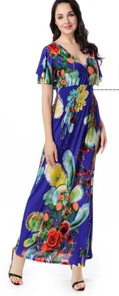 Printed V Neck Short Sleeve Summer Bohemia Maxi Dress