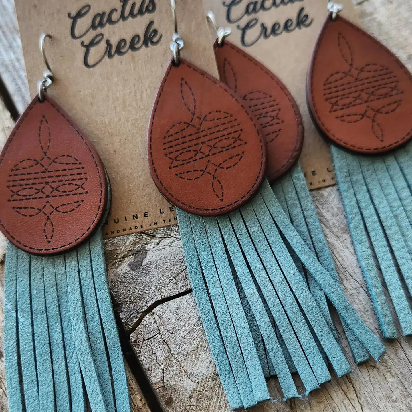 "Rainy" Handmade Bootstitch Leather and Fringe Earrings