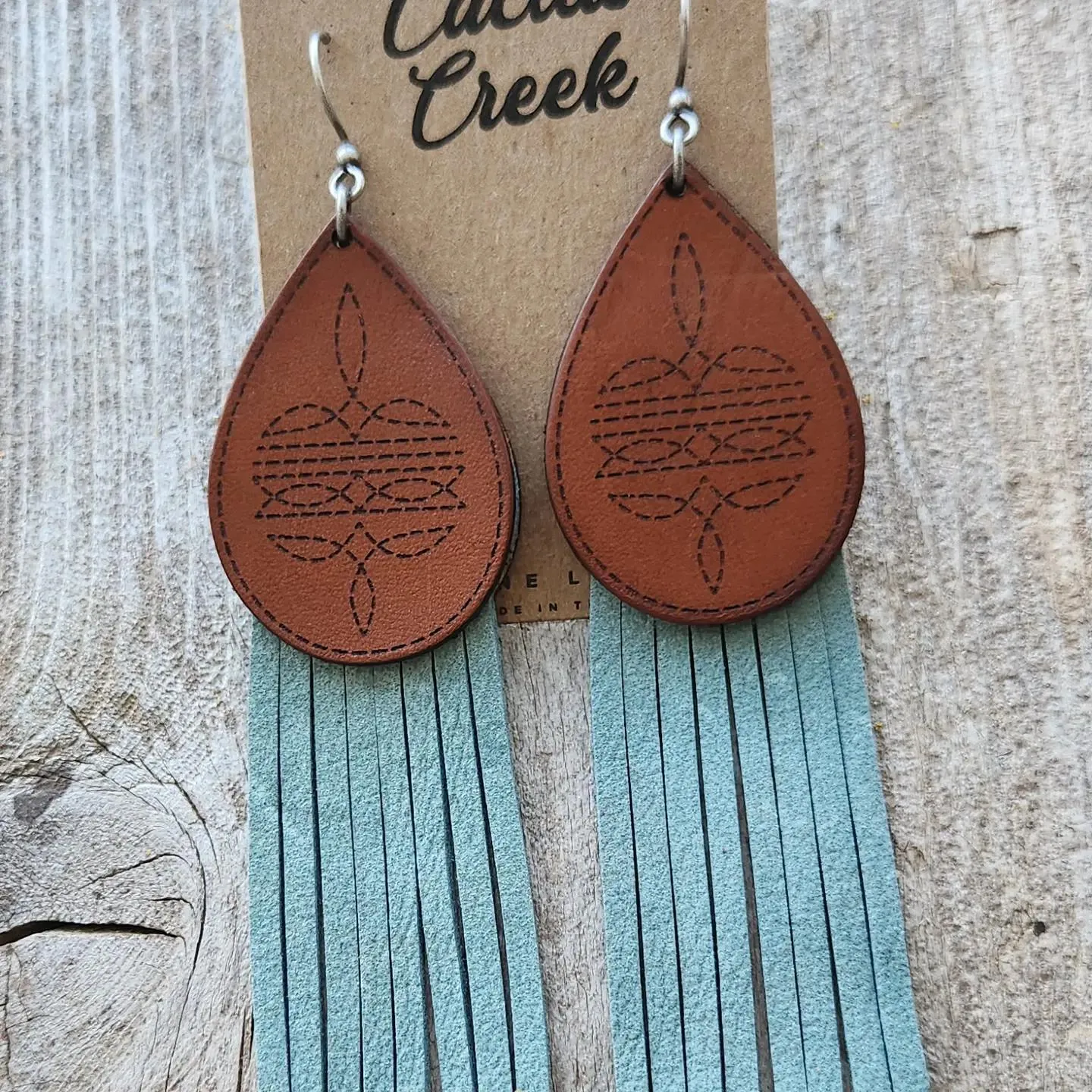 "Rainy" Handmade Bootstitch Leather and Fringe Earrings