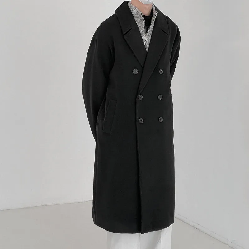 Solid Color Double-breasted Wool Mid-length Over-the-knee Thickened Windbreaker