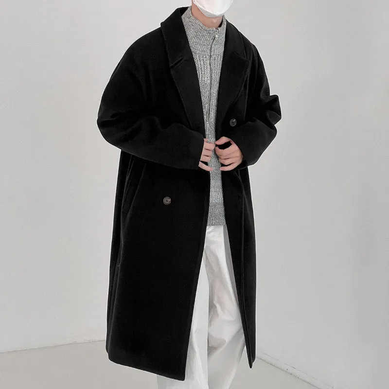 Solid Color Double-breasted Wool Mid-length Over-the-knee Thickened Windbreaker