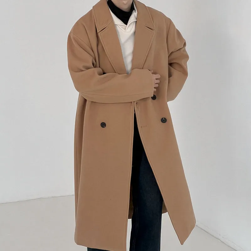 Solid Color Double-breasted Wool Mid-length Over-the-knee Thickened Windbreaker