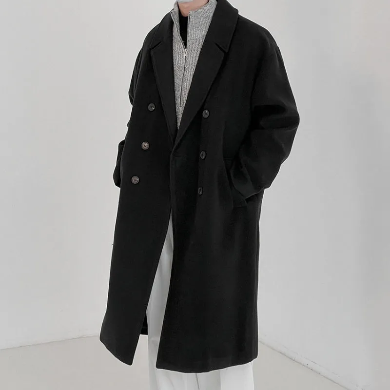 Solid Color Double-breasted Wool Mid-length Over-the-knee Thickened Windbreaker