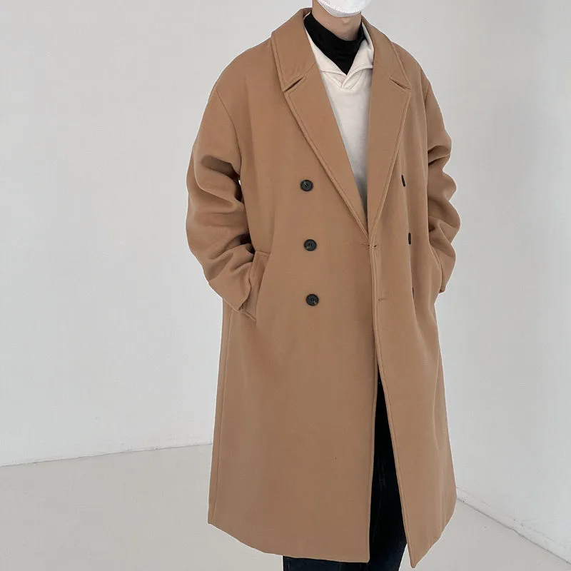 Solid Color Double-breasted Wool Mid-length Over-the-knee Thickened Windbreaker