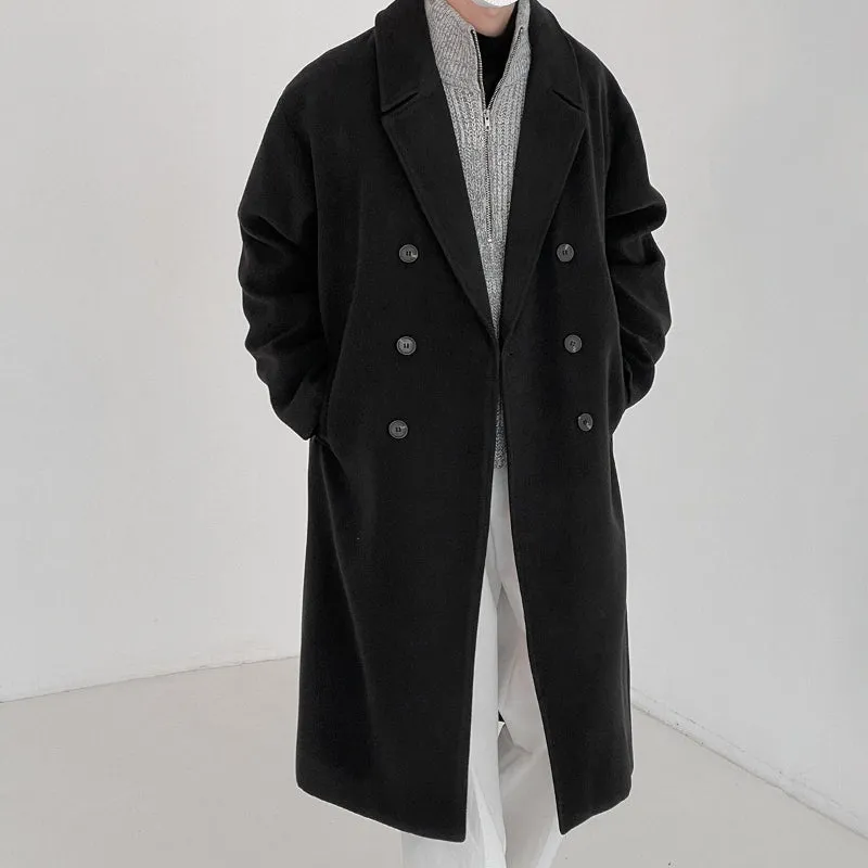 Solid Color Double-breasted Wool Mid-length Over-the-knee Thickened Windbreaker