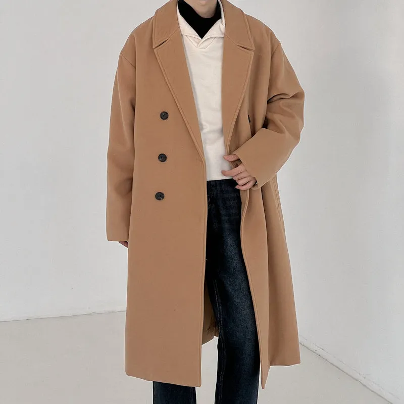 Solid Color Double-breasted Wool Mid-length Over-the-knee Thickened Windbreaker