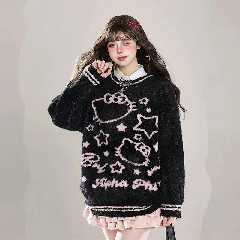 Sweet Girl Style Cartoon Hello Kitty Embroidered Sweater