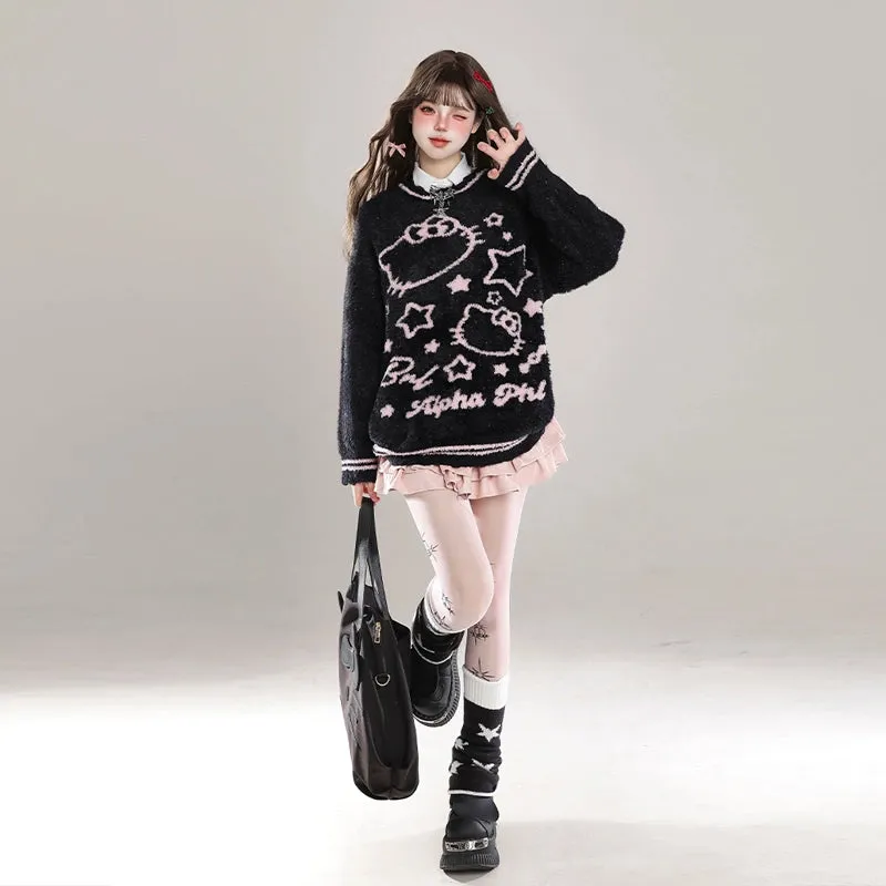 Sweet Girl Style Cartoon Hello Kitty Embroidered Sweater