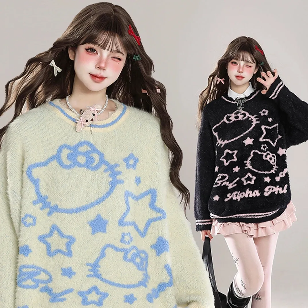 Sweet Girl Style Cartoon Hello Kitty Embroidered Sweater