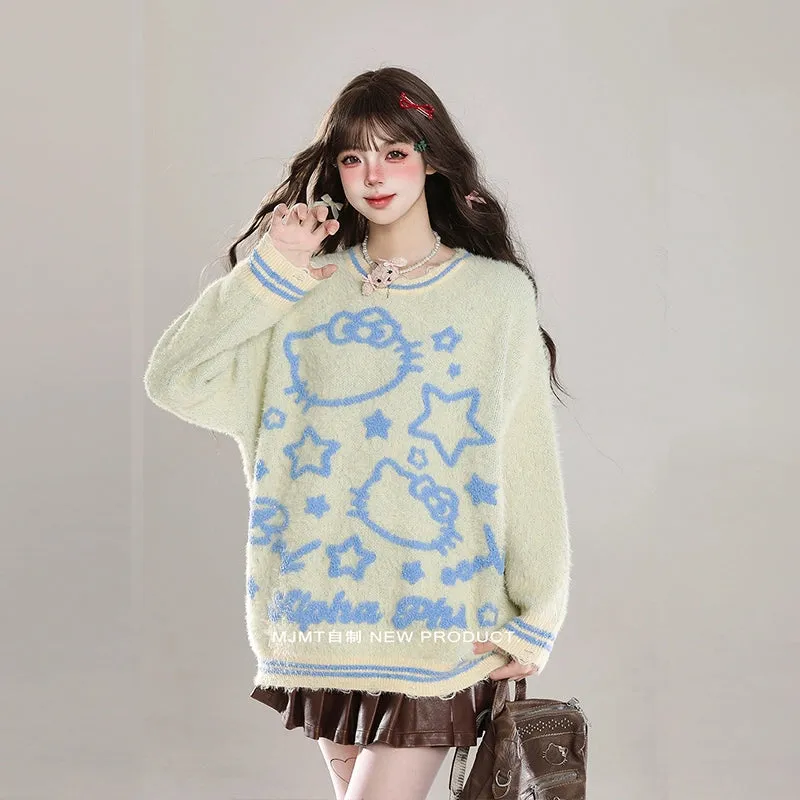 Sweet Girl Style Cartoon Hello Kitty Embroidered Sweater