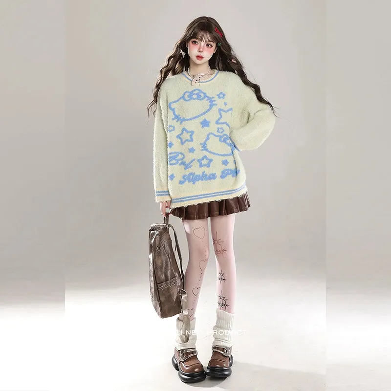 Sweet Girl Style Cartoon Hello Kitty Embroidered Sweater