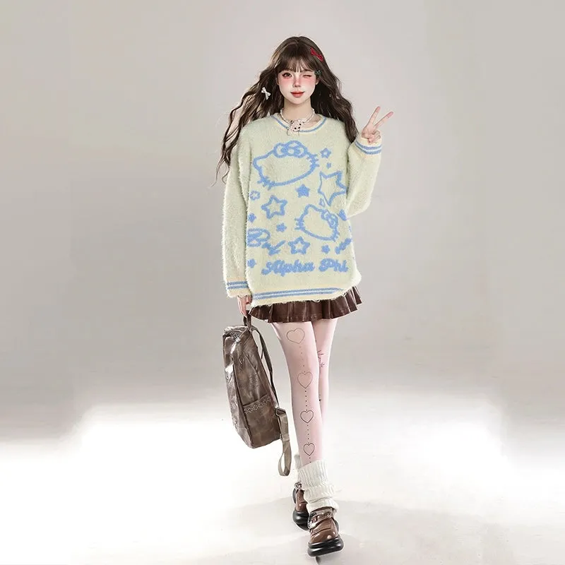 Sweet Girl Style Cartoon Hello Kitty Embroidered Sweater