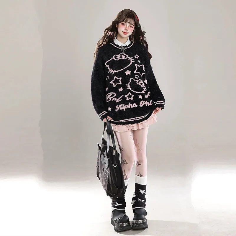 Sweet Girl Style Cartoon Hello Kitty Embroidered Sweater