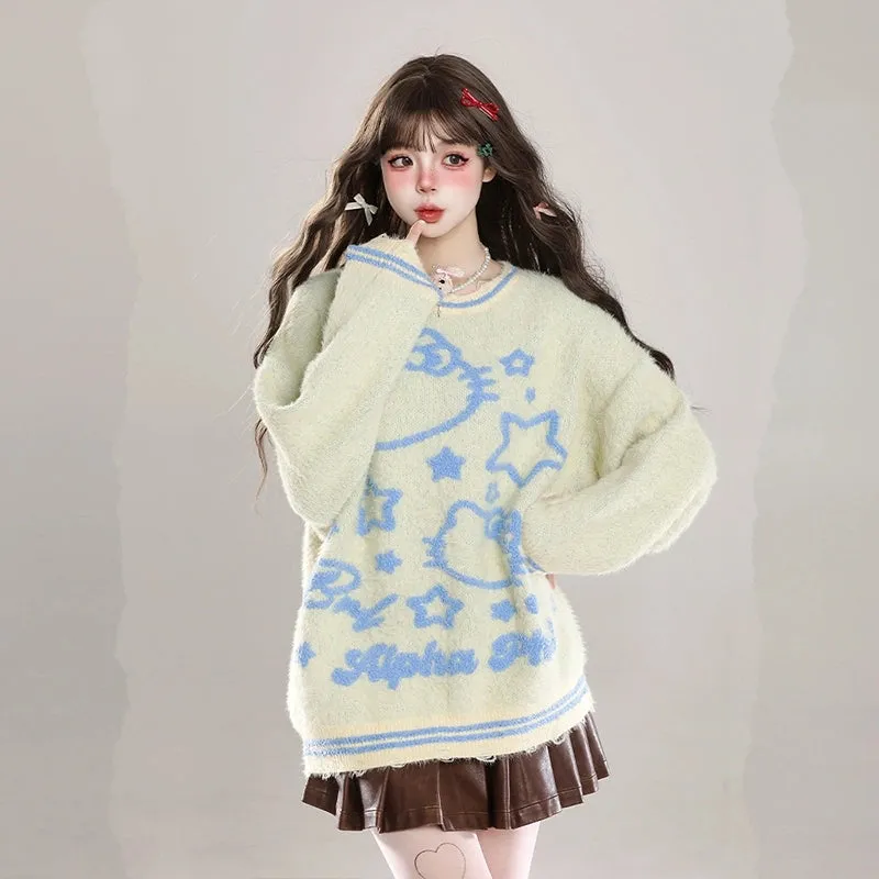Sweet Girl Style Cartoon Hello Kitty Embroidered Sweater