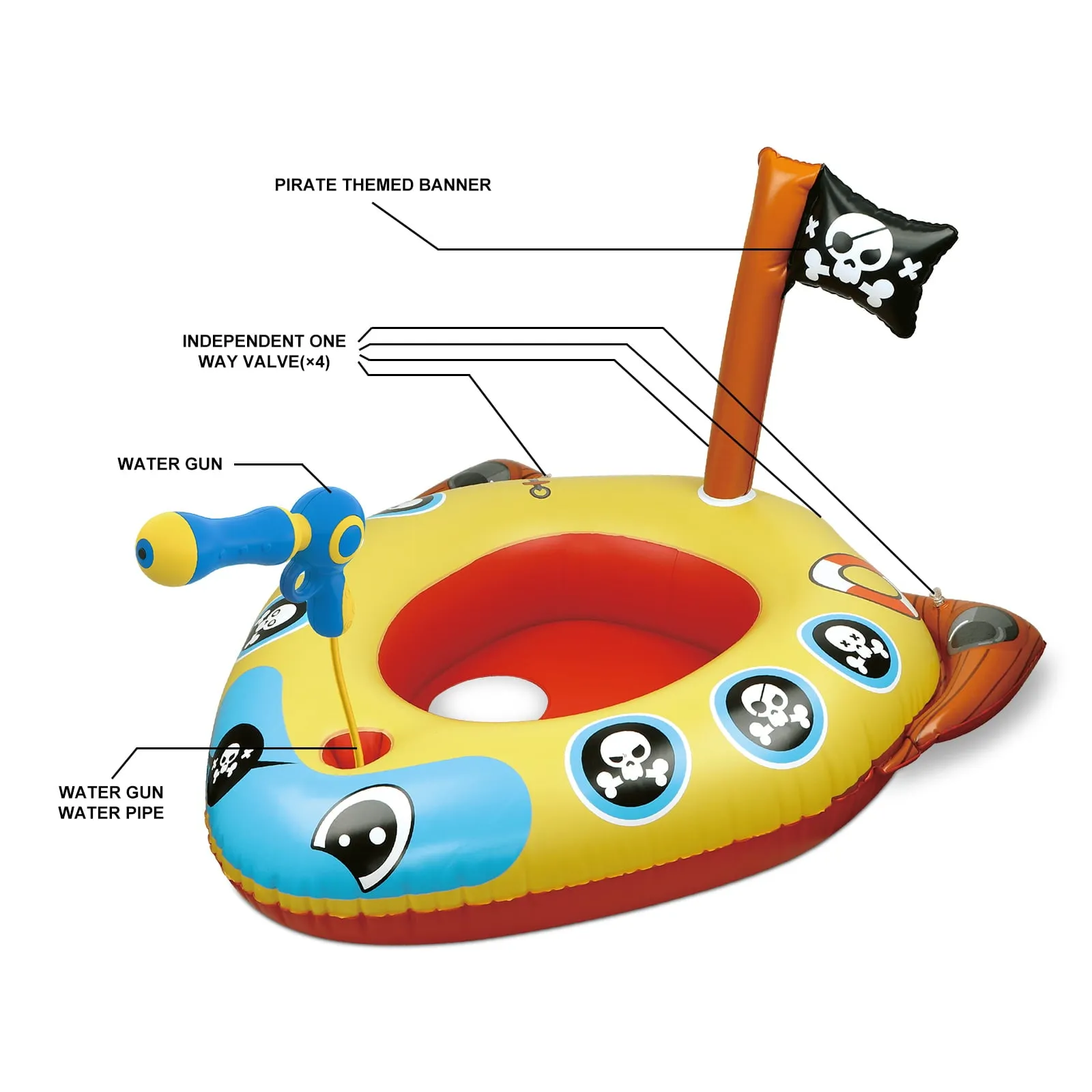 Swimming Ring Pool Floats for Kids with Squirt Gun, Inflatable Ride-on Pirate Boat, Summer Toys Water Floaties for Toddler Boys Girls Aged 3 