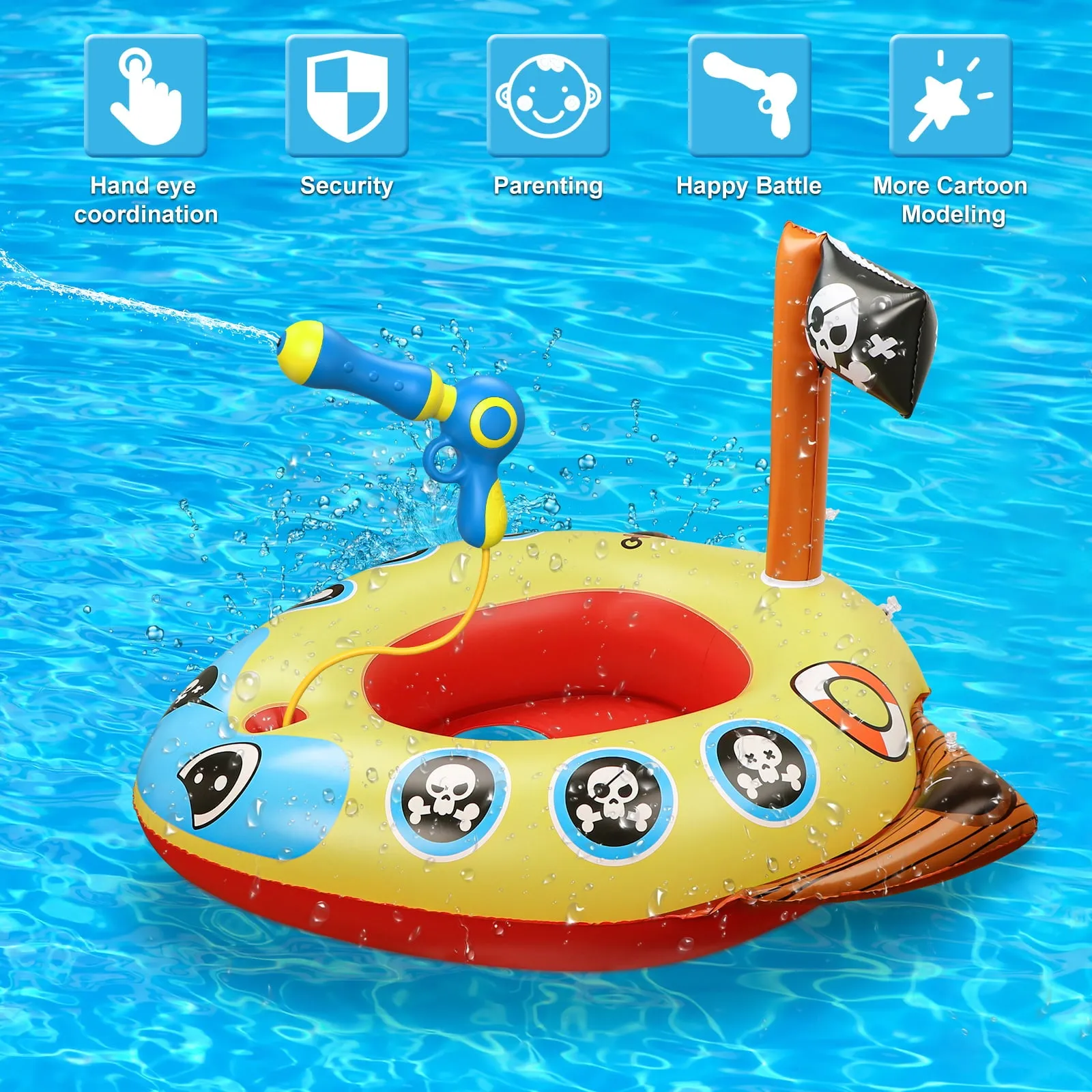Swimming Ring Pool Floats for Kids with Squirt Gun, Inflatable Ride-on Pirate Boat, Summer Toys Water Floaties for Toddler Boys Girls Aged 3 