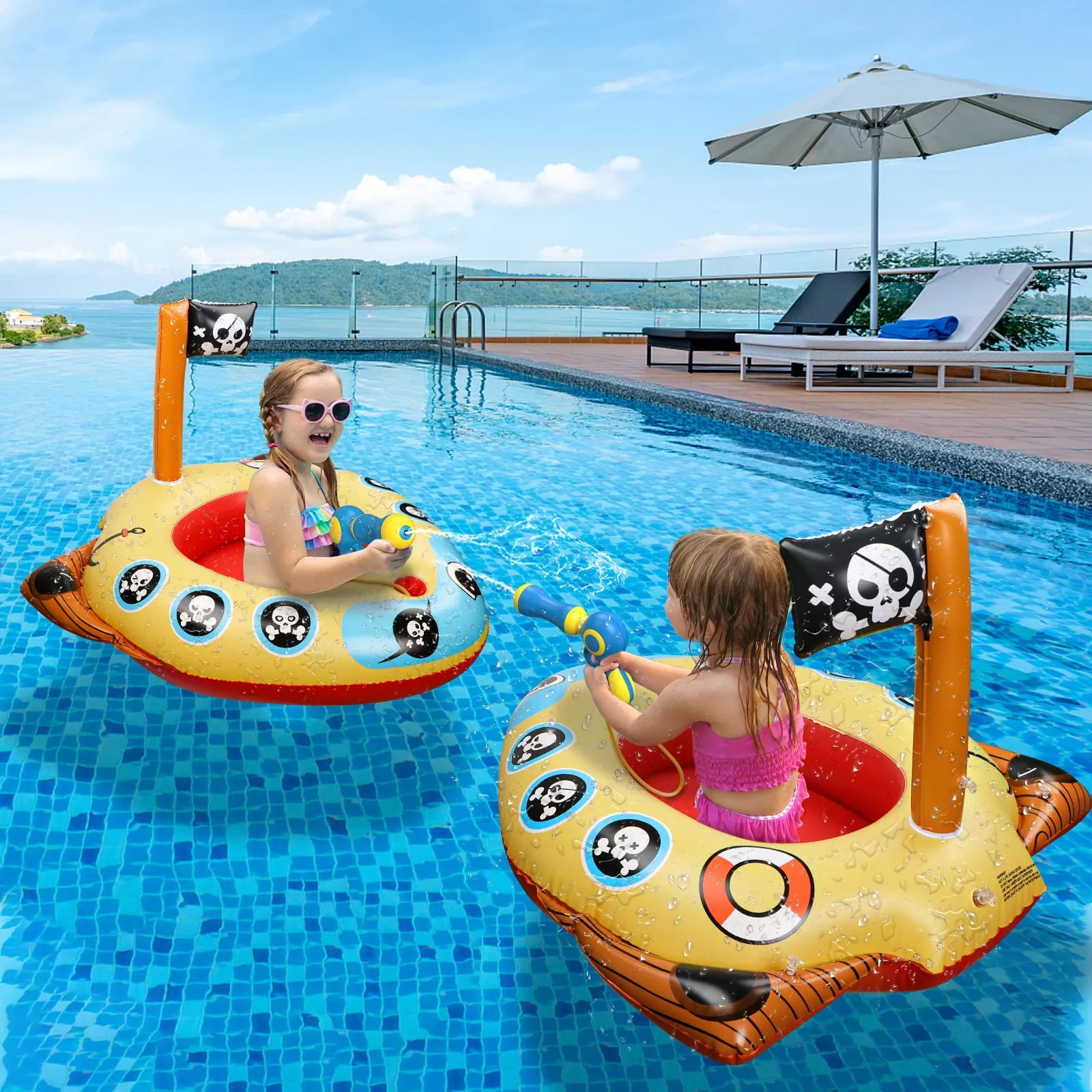 Swimming Ring Pool Floats for Kids with Squirt Gun, Inflatable Ride-on Pirate Boat, Summer Toys Water Floaties for Toddler Boys Girls Aged 3 