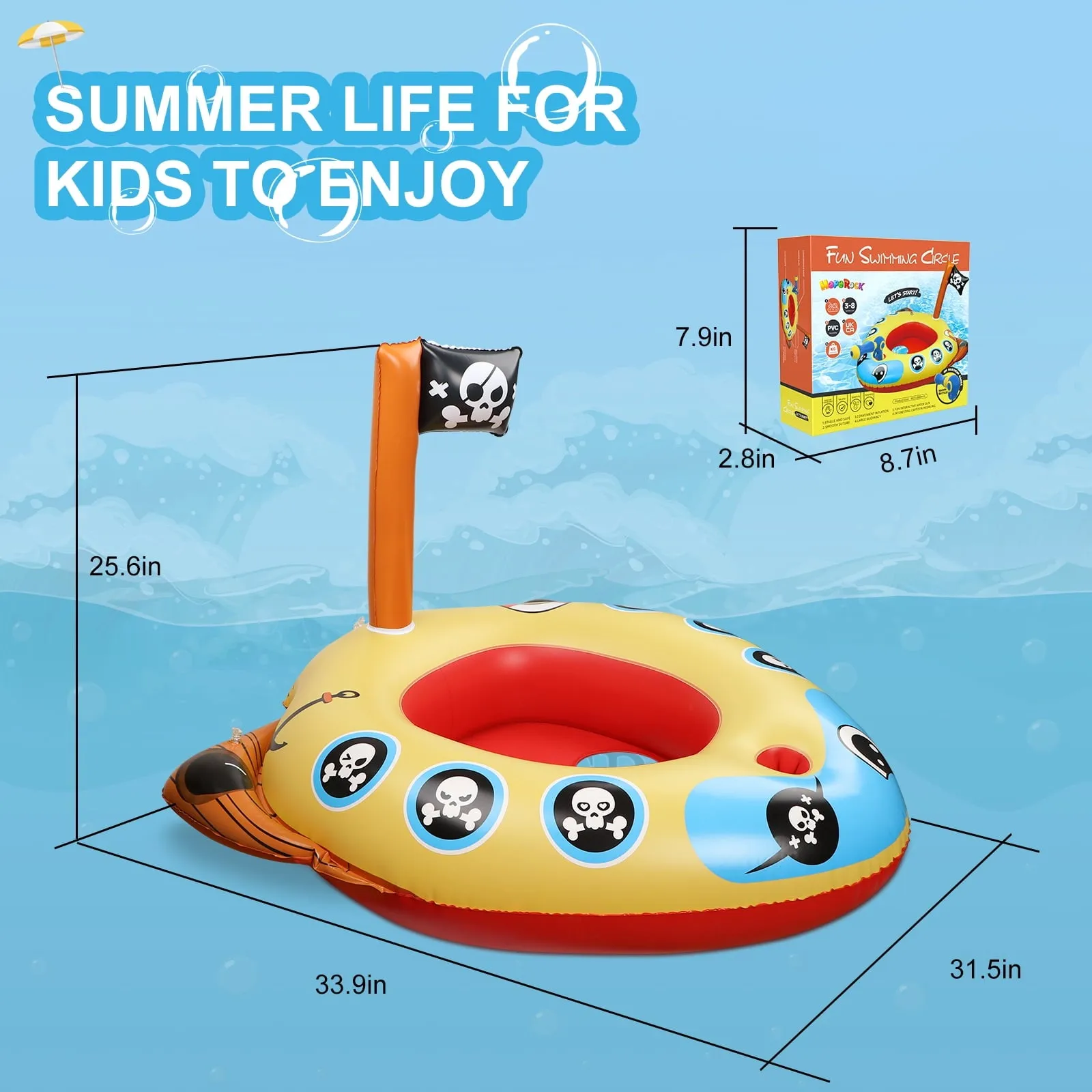 Swimming Ring Pool Floats for Kids with Squirt Gun, Inflatable Ride-on Pirate Boat, Summer Toys Water Floaties for Toddler Boys Girls Aged 3 