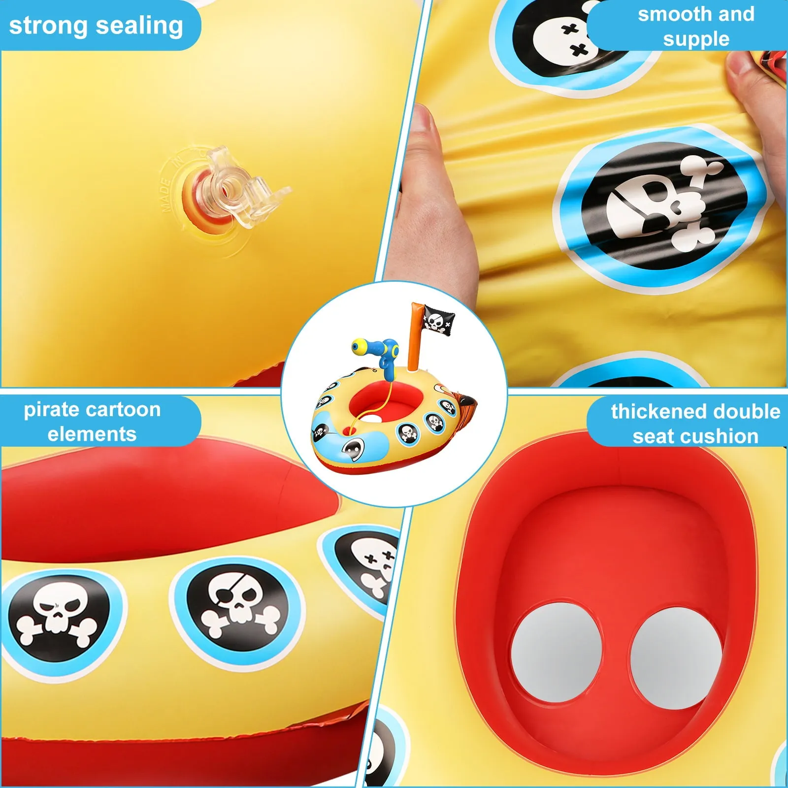 Swimming Ring Pool Floats for Kids with Squirt Gun, Inflatable Ride-on Pirate Boat, Summer Toys Water Floaties for Toddler Boys Girls Aged 3 