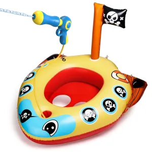 Swimming Ring Pool Floats for Kids with Squirt Gun, Inflatable Ride-on Pirate Boat, Summer Toys Water Floaties for Toddler Boys Girls Aged 3 