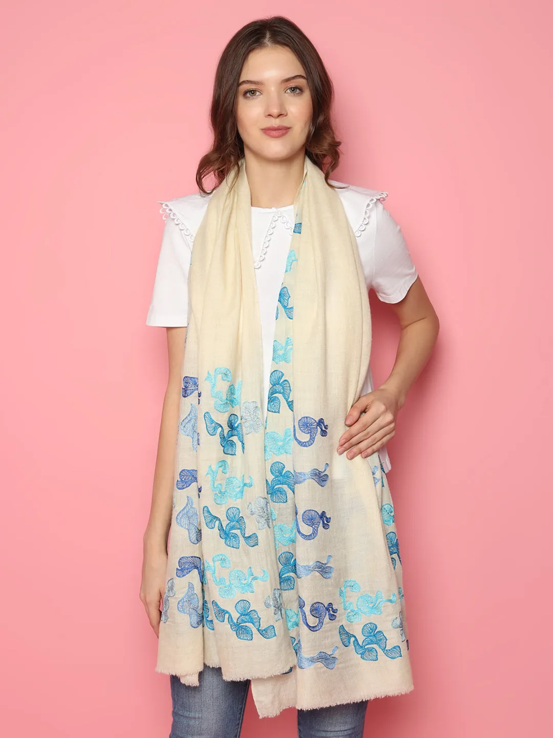 White Pure Pashmina Shawl with Abstract Swirl Pattern, Pure Pashmina Shawl