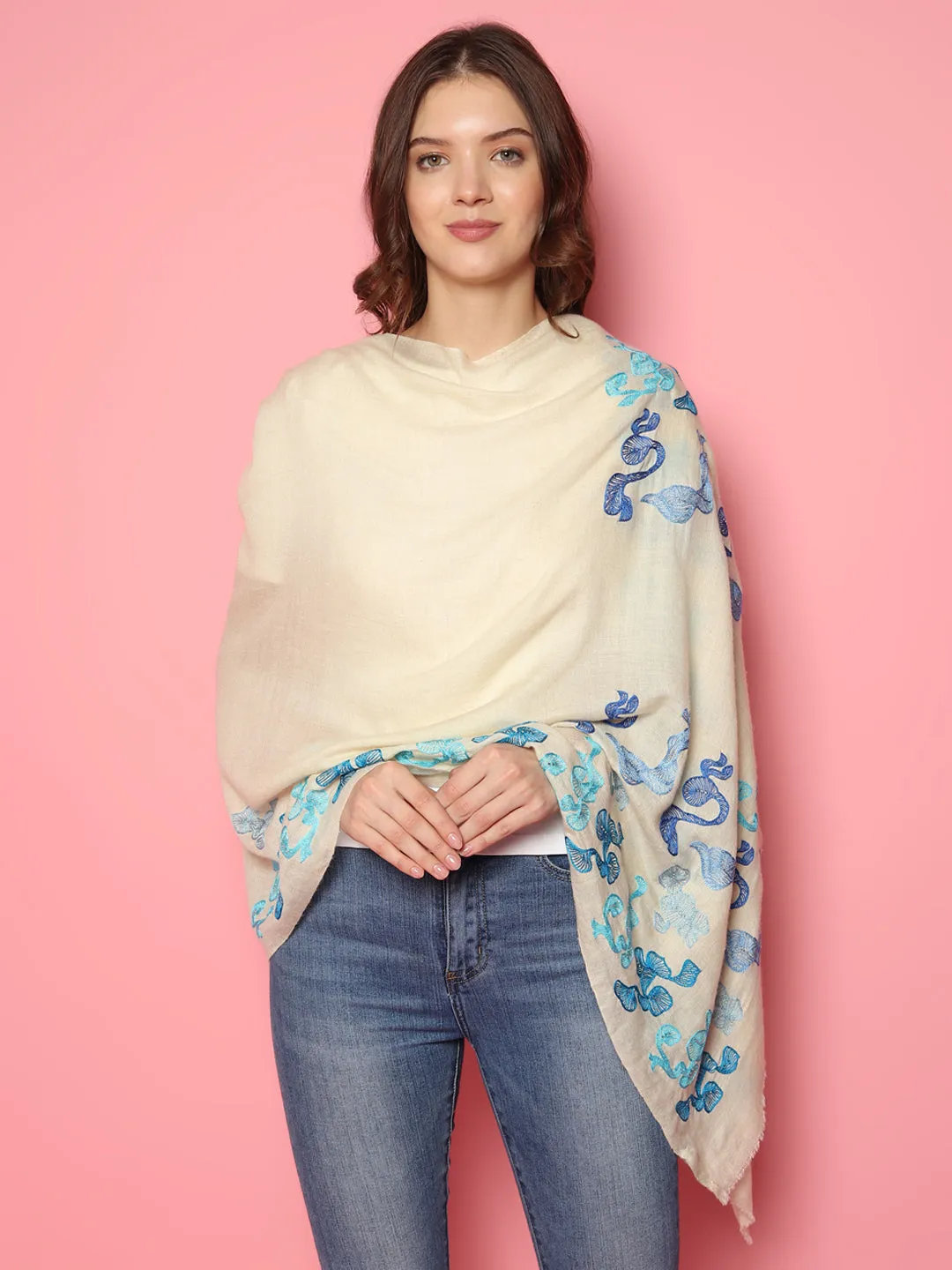 White Pure Pashmina Shawl with Abstract Swirl Pattern, Pure Pashmina Shawl