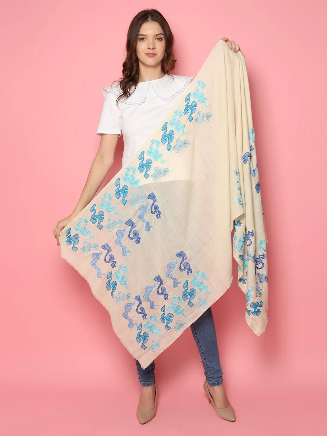 White Pure Pashmina Shawl with Abstract Swirl Pattern, Pure Pashmina Shawl