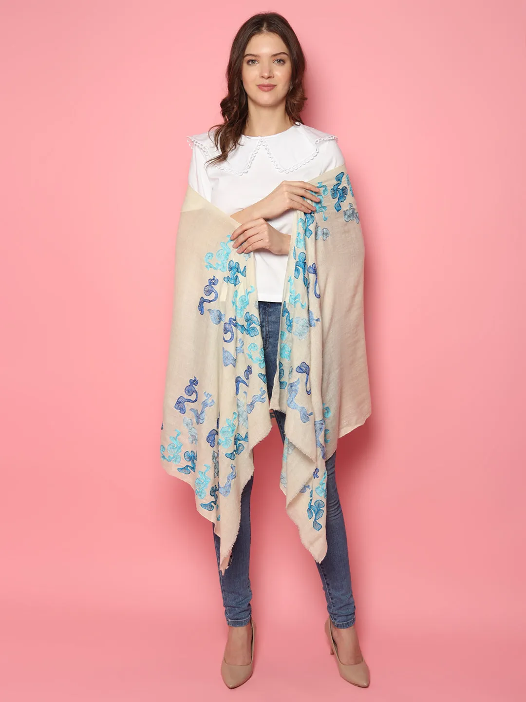 White Pure Pashmina Shawl with Abstract Swirl Pattern, Pure Pashmina Shawl